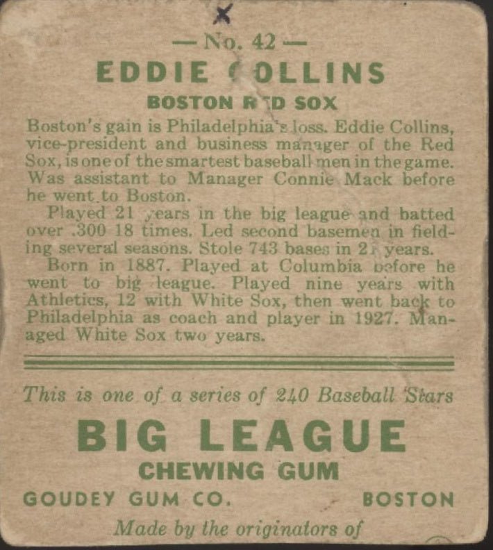 Eddie Collins 1933 Goudey RC #42 Boston Red Sox GD - Collector Store LLC