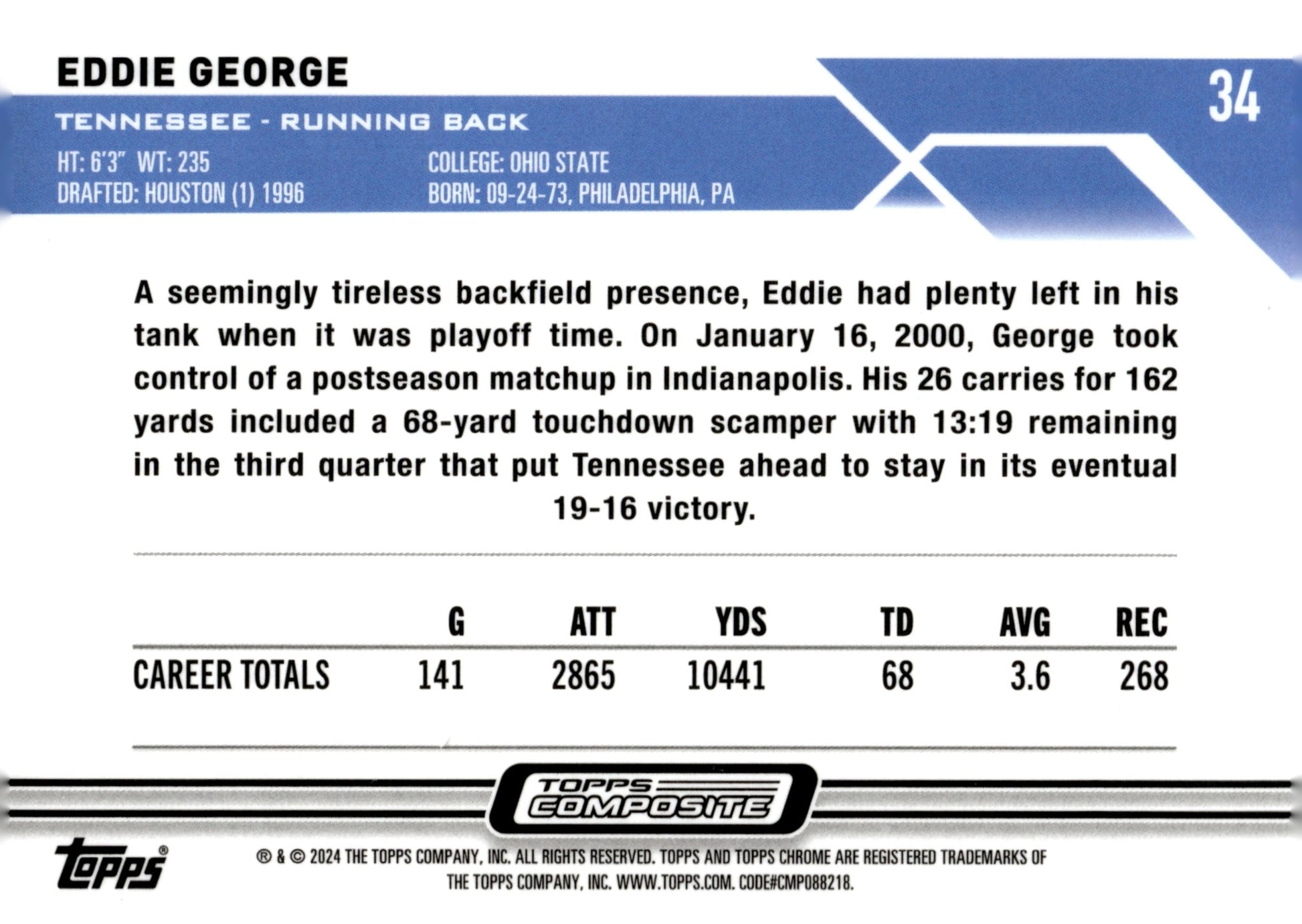 Eddie George 2023 Topps Composite Chrome #34 - Collector Store LLC