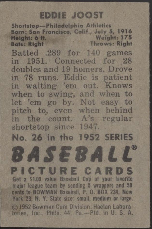 Eddie Joost 1952 Bowman 26 Philadelphia Athletics VG - EX - Collector Store LLC