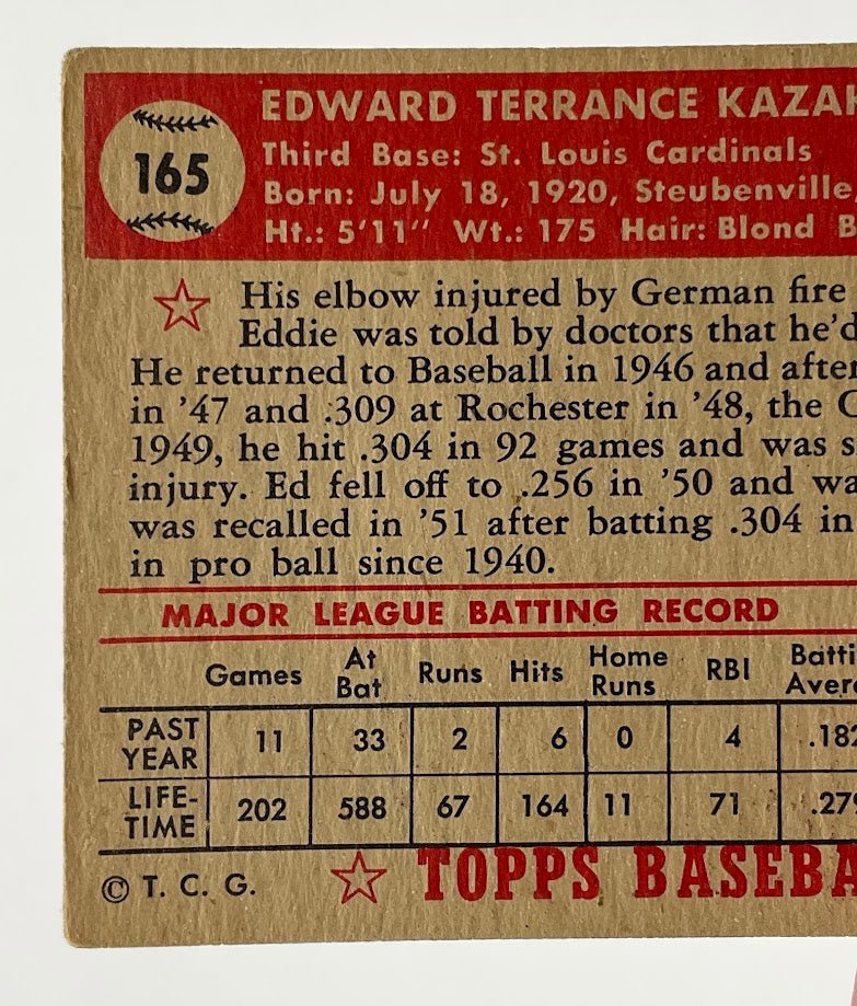 Eddie Kazak 1952 Topps #165 St Louis Cardinals VG - Collector Store LLC