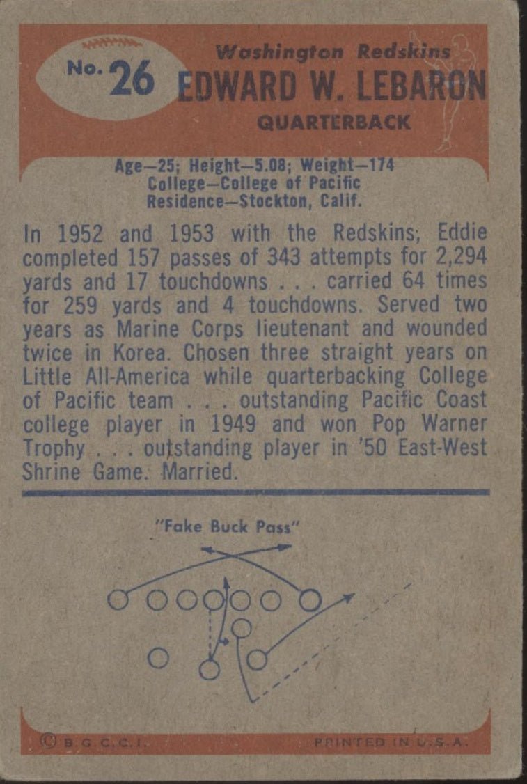 Eddie LeBaron 1955 Bowman #26 Washington Redskins VG - EX - Collector Store LLC