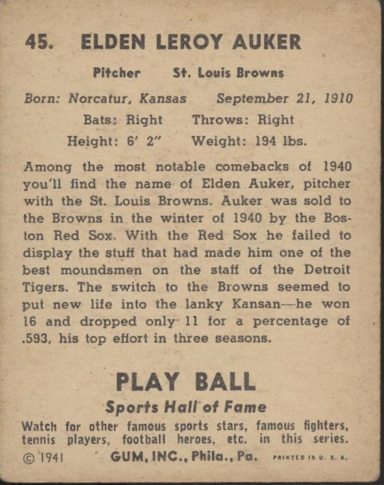 Elden Auker 1941 Play Ball #45 St. Louis Browns VG - Collector Store LLC