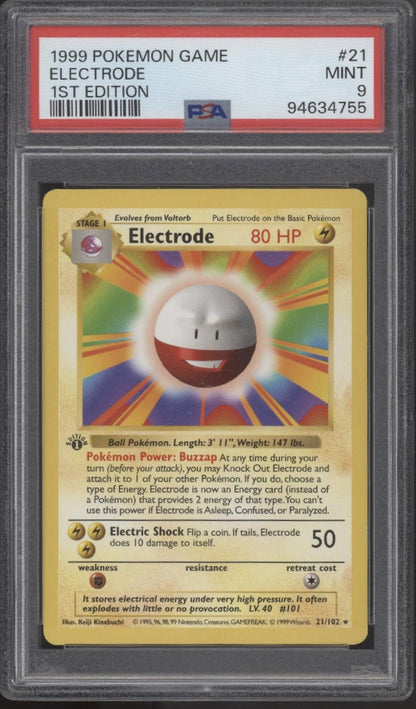 Electrode Pokemon Base Set 1st Edition #21 PSA 9 Electrode Pokemon Base Set 1st Edition #21 PSA 9