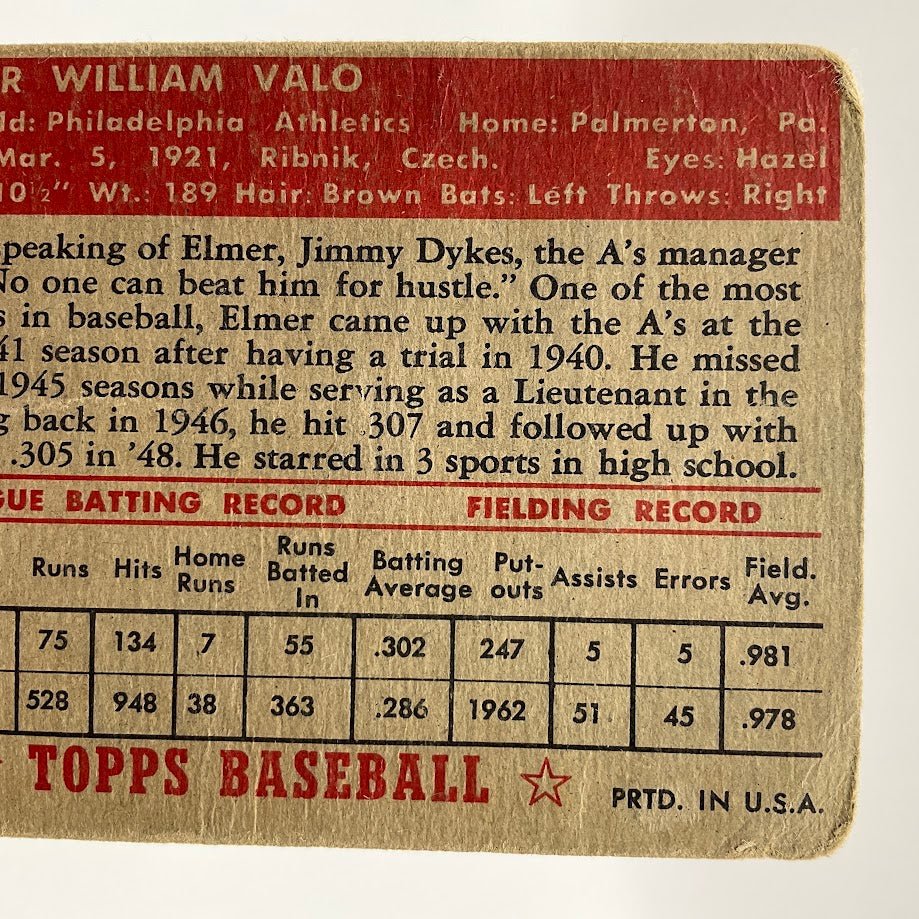 Elmer Valo 1952 Topps Philadelphia Athletics PR #3 - Collector Store LLC