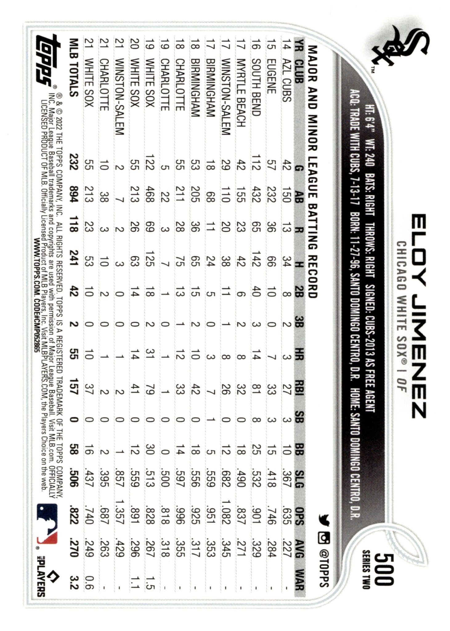 Eloy Jimenez 2022 Topps Series 2 #500 - Collector Store LLC