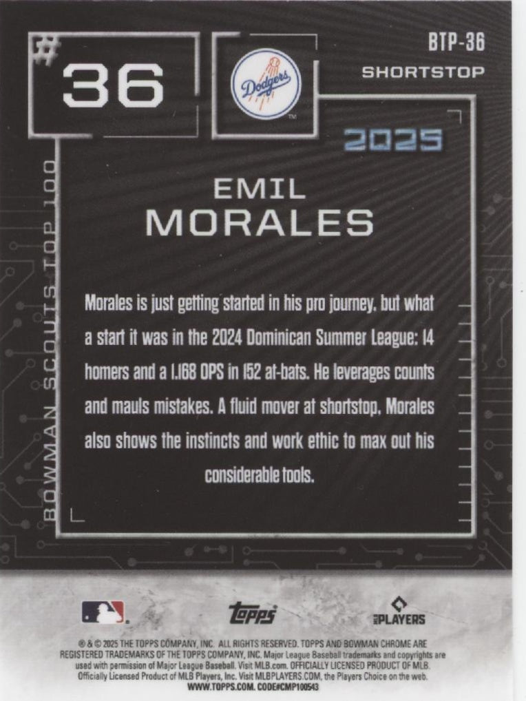 Emil Morales 2025 Bowman Chrome Top 100 Refractor #BTP - 36 - Collector Store LLC