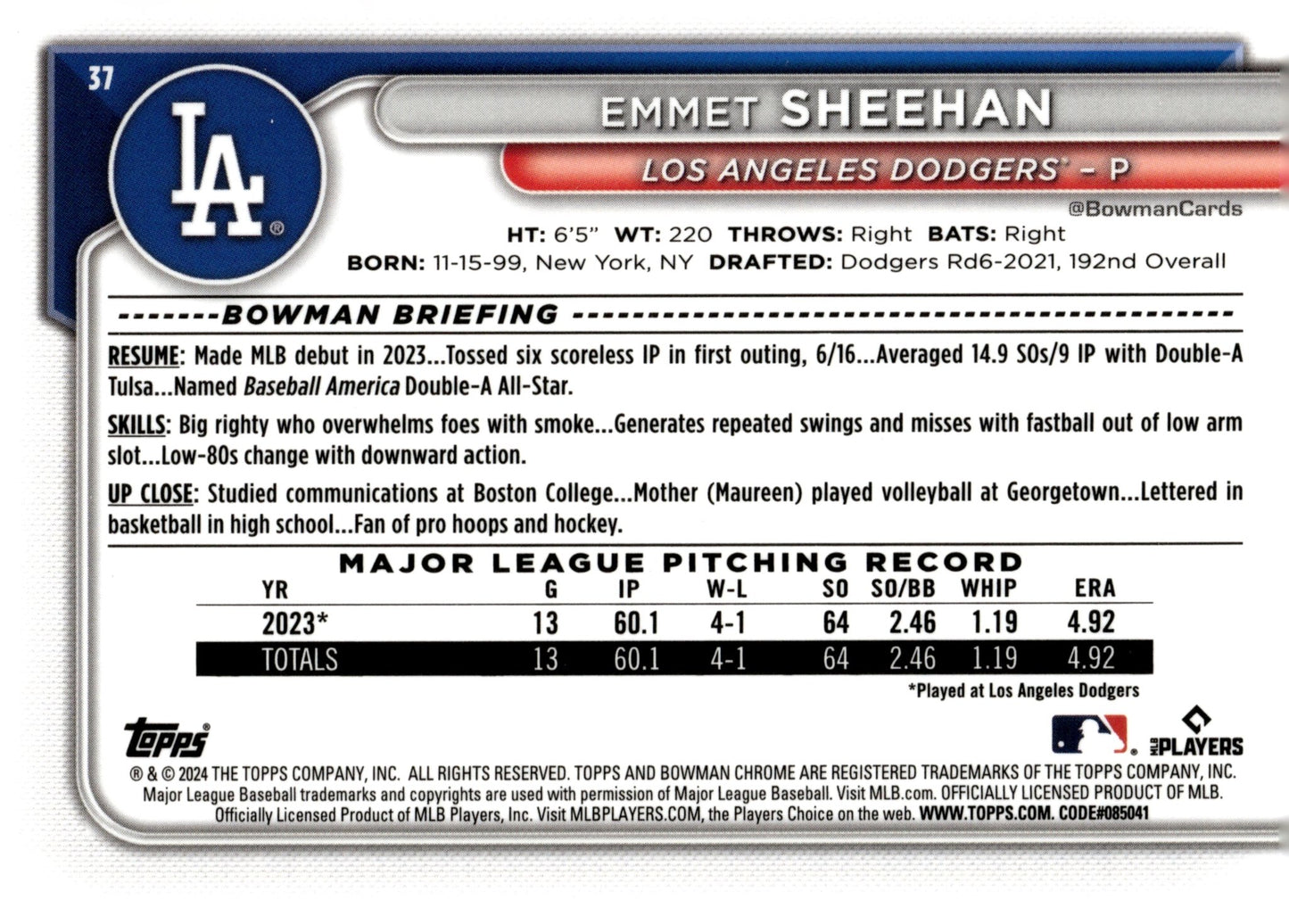 Emmet Sheehan 2024 Bowman Chrome RC 37 - Collector Store LLC