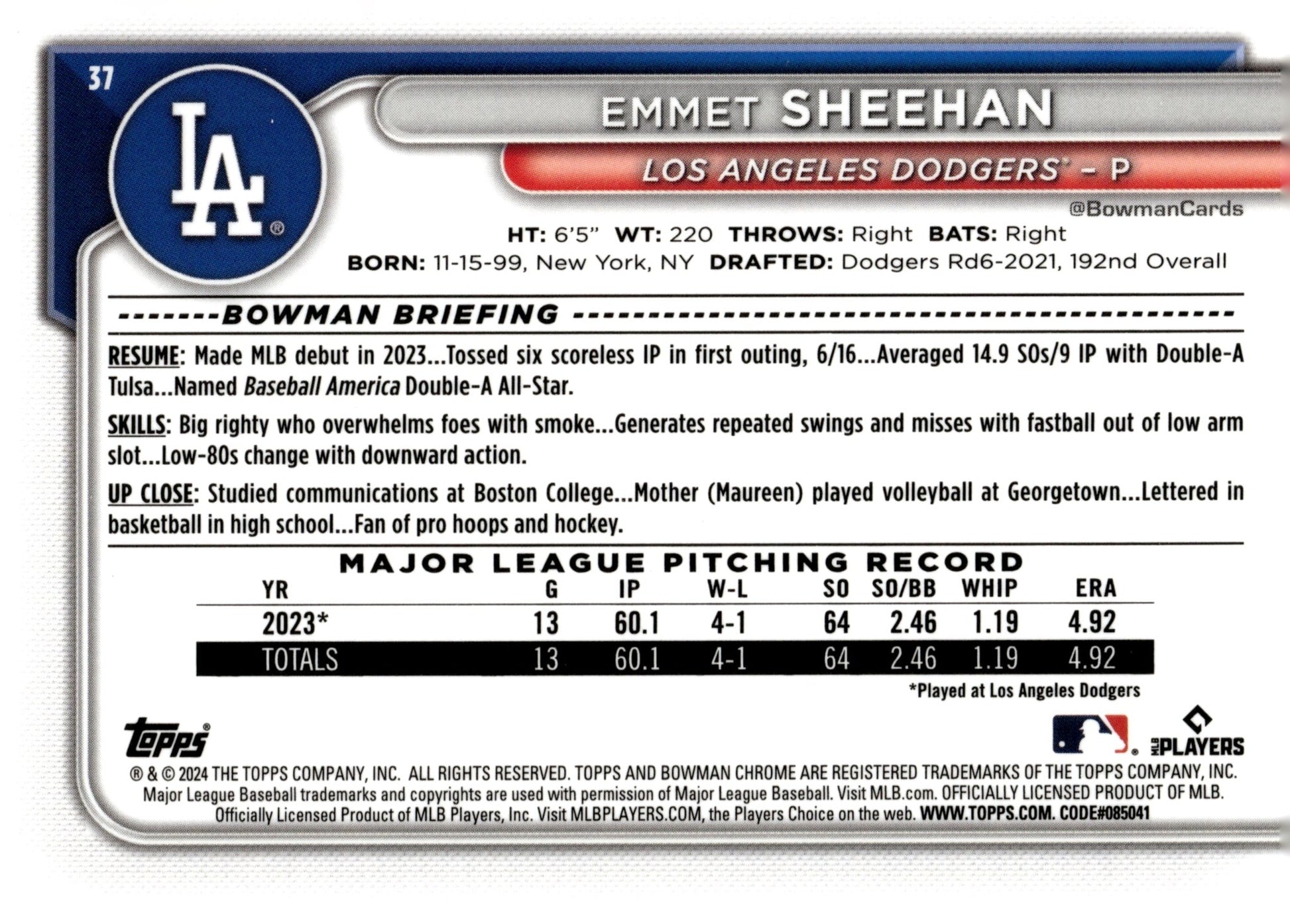 Emmet Sheehan 2024 Bowman Chrome RC 37 - Collector Store LLC