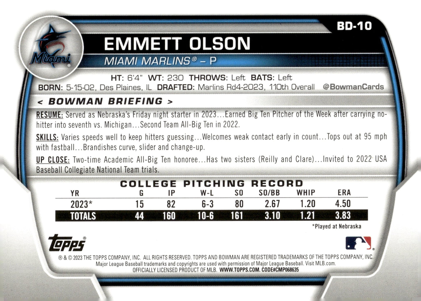 Emmett Olson 2023 Bowman Chrome Sky Blue 031/499 BD - 10 - Collector Store LLC