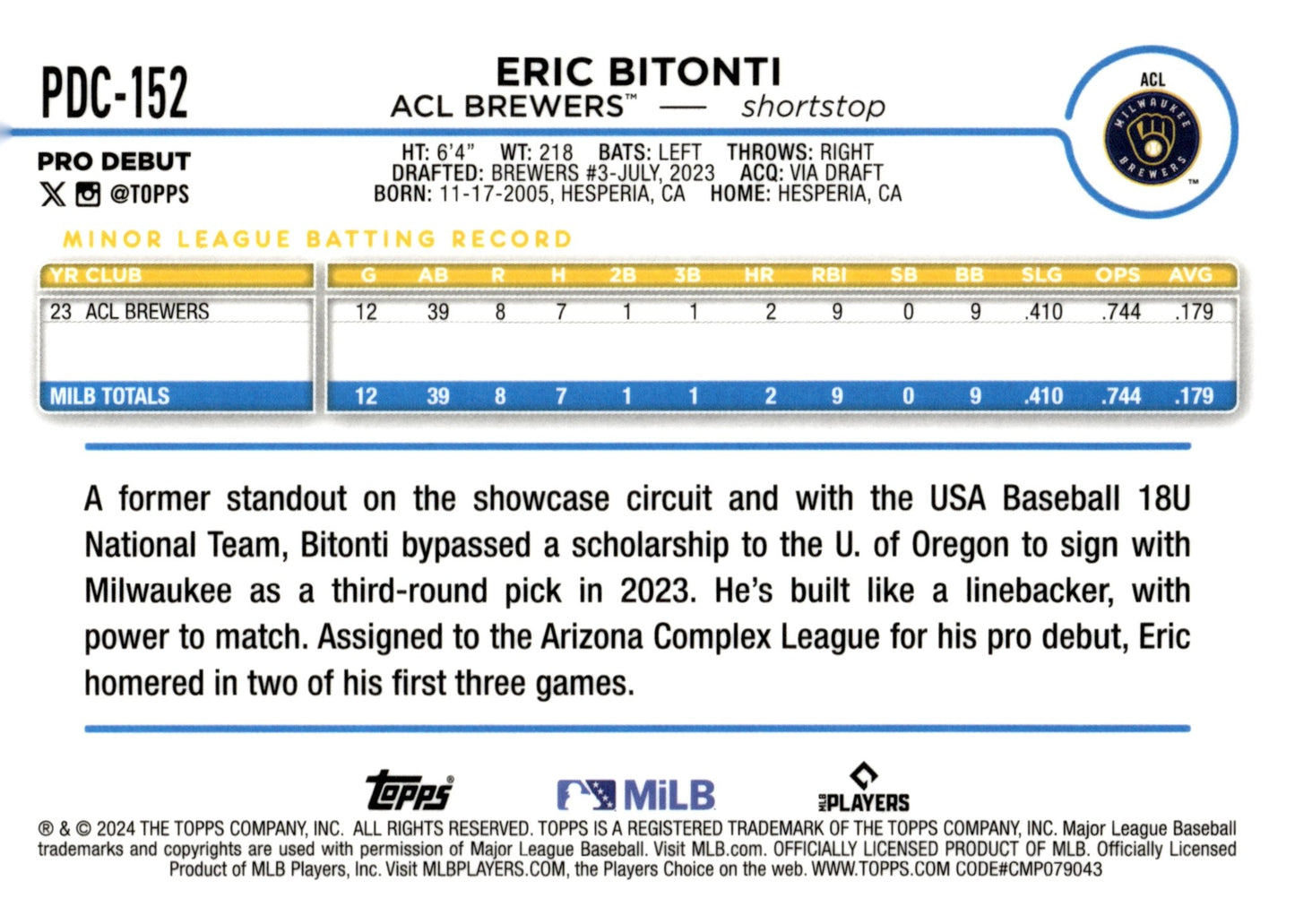 Eric Bitonti 2024 Topps Chrome Pro Debut Refractor PD - 152 - Collector Store LLC