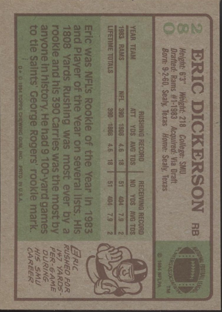 Eric Dickerson 1984 Topps RC 280 Los Angeles Rams VG - EX - Collector Store LLC