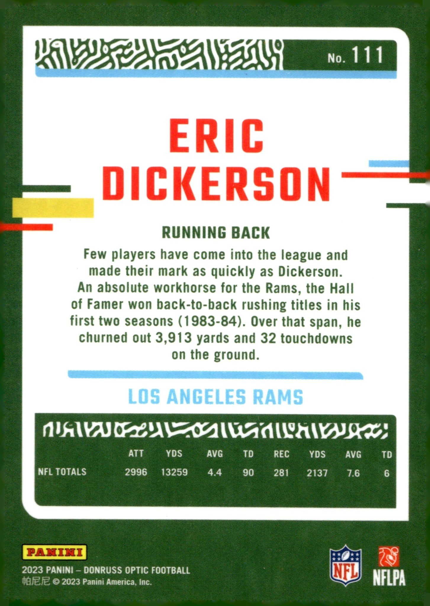 Eric Dickerson 2023 Panini Donruss Optic #111 - Collector Store LLC