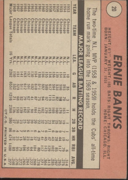 Ernie Banks 1969 Topps #20 Chicago Cubs VG #4 - Collector Store LLC