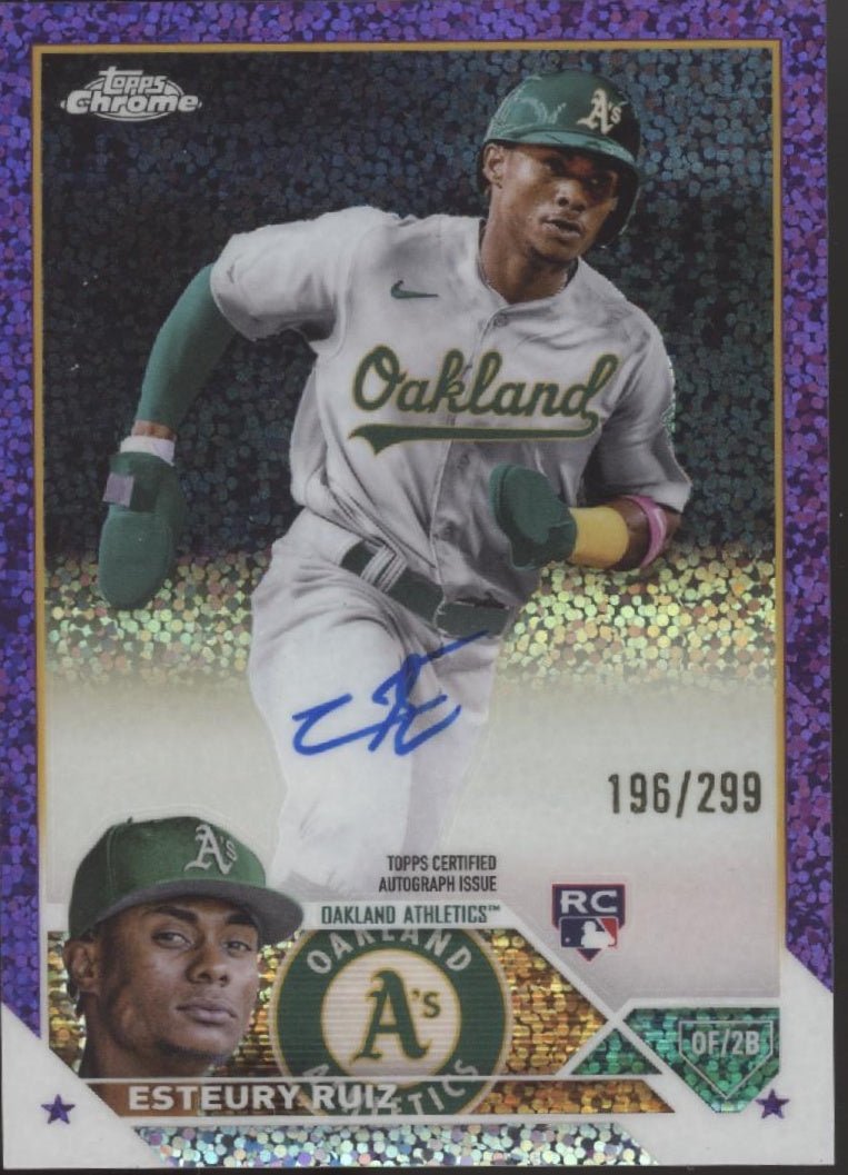 Esteury Ruiz 2023 Topps Chrome Purple Speckle Refractor RC Auto 196/299 #RA - ERU - Collector Store LLC