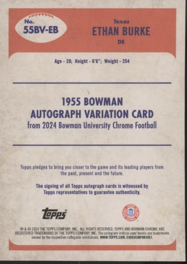 Ethan Burke 2024 Bowman Chrome University '55 Refractor Auto 55BV - EB - Collector Store LLC