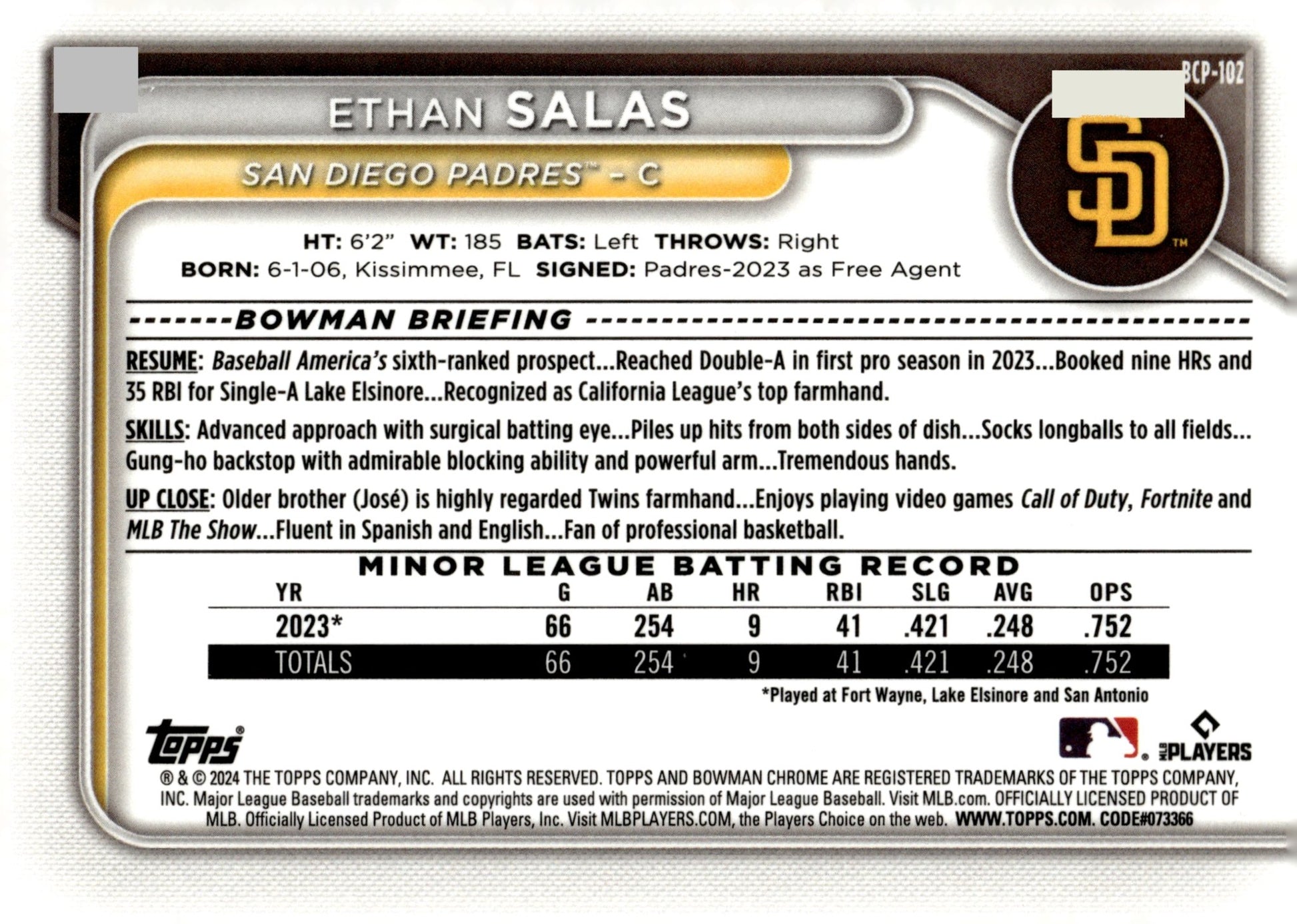Ethan Salas 2024 Bowman Chrome Mojo Refractor BCP - 102 1 - Collector Store LLC