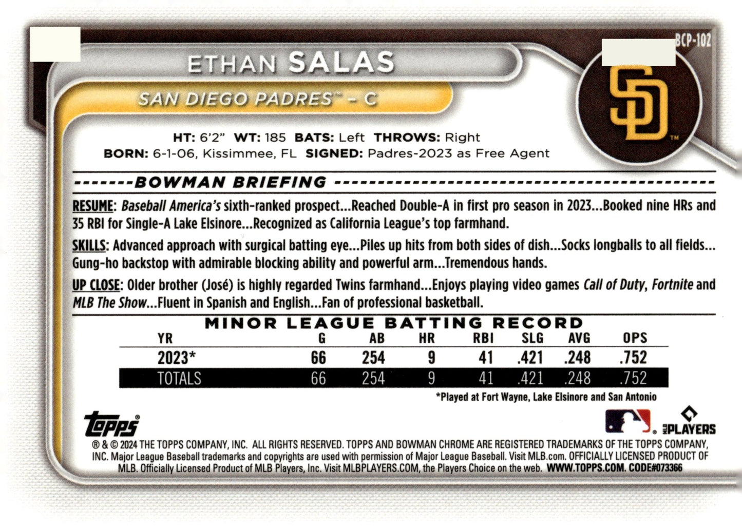 Ethan Salas 2024 Bowman Chrome Mojo Refractor BCP - 102 2 - Collector Store LLC