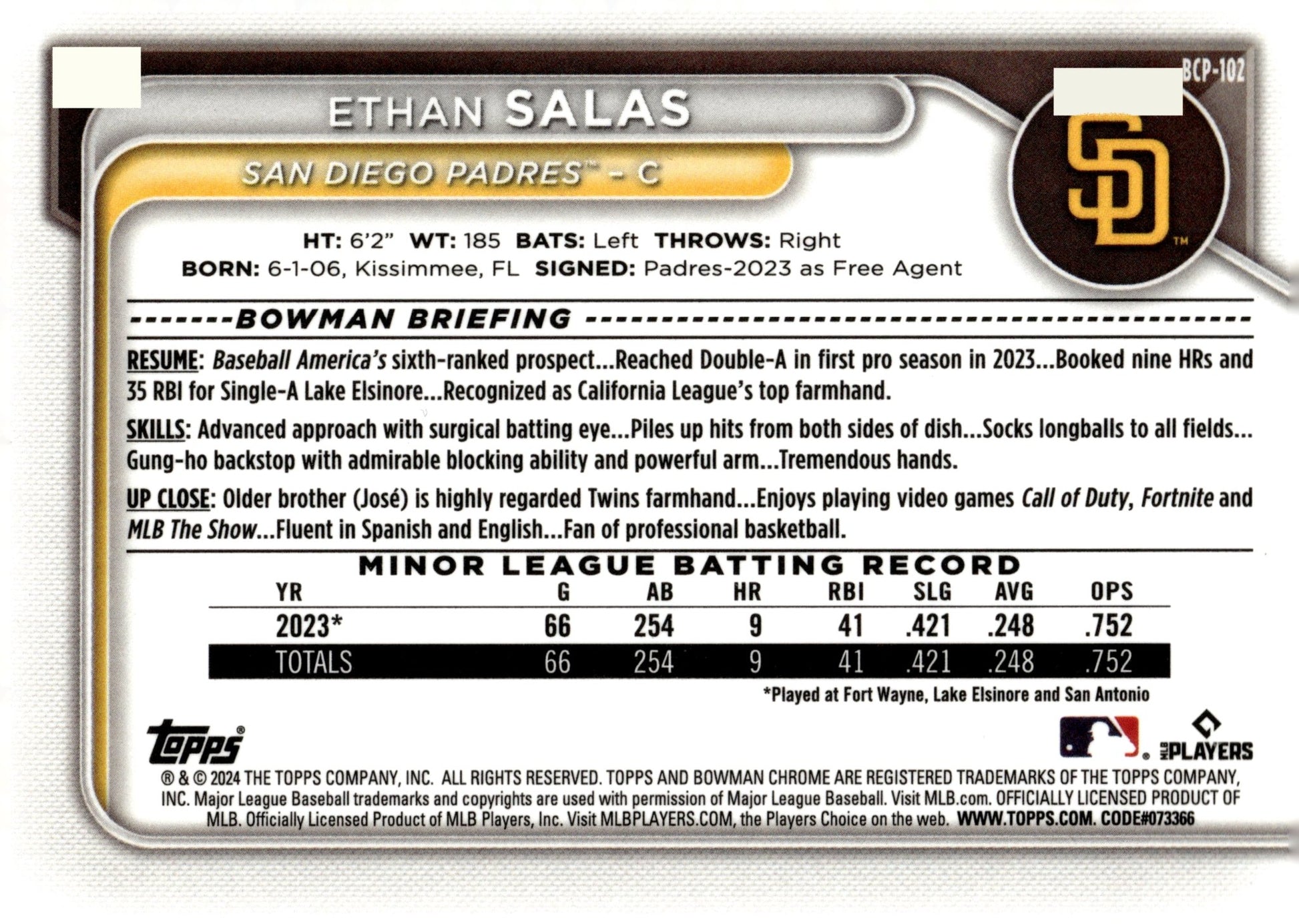 Ethan Salas 2024 Bowman Chrome Mojo Refractor BCP - 102 2 - Collector Store LLC