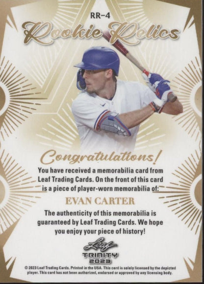 Evan Carter 2023 Leaf Trinity Rookie Relics Swatch RC #RR - 4 #1 - Collector Store LLC