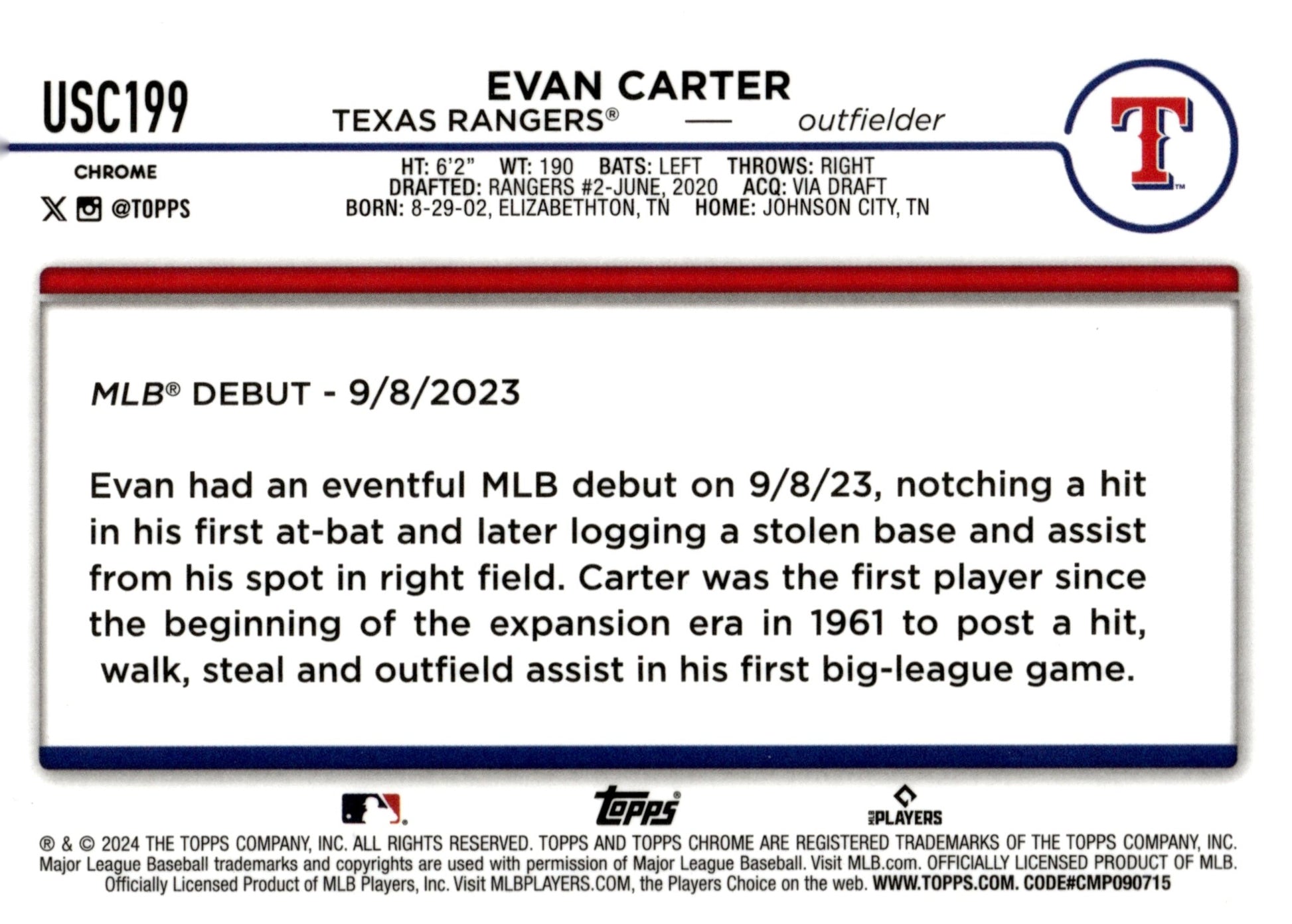 Evan Carter 2024 Topps Chrome Fuschsia Refractor RC #USC199 - Collector Store LLC