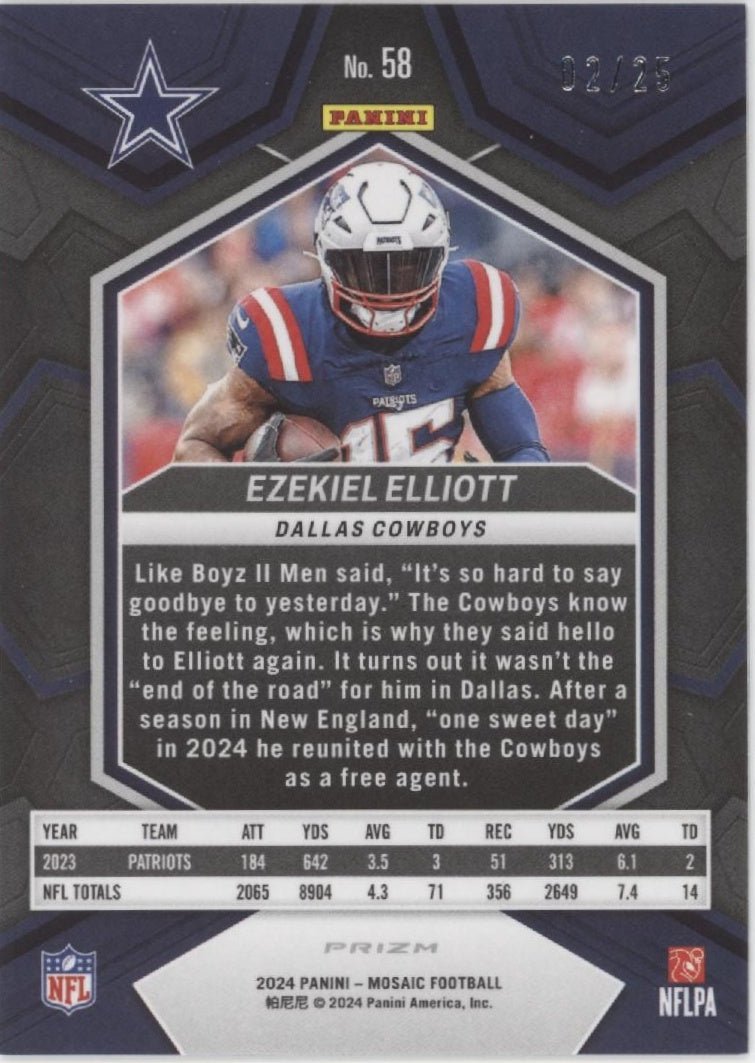 Ezekiel Elliott 2024 Panini Mosaic White Prizm 02/25 #58 - Collector Store LLC