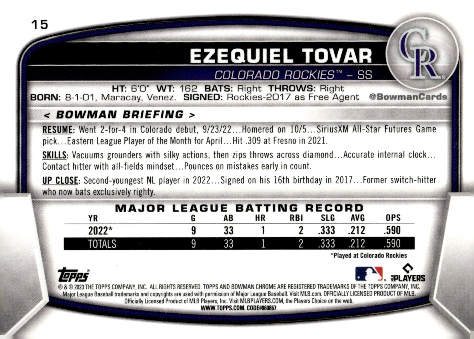 Ezequiel Tovar 2023 Bowman Chrome Mojo Refractor RC #15 - Collector Store LLC