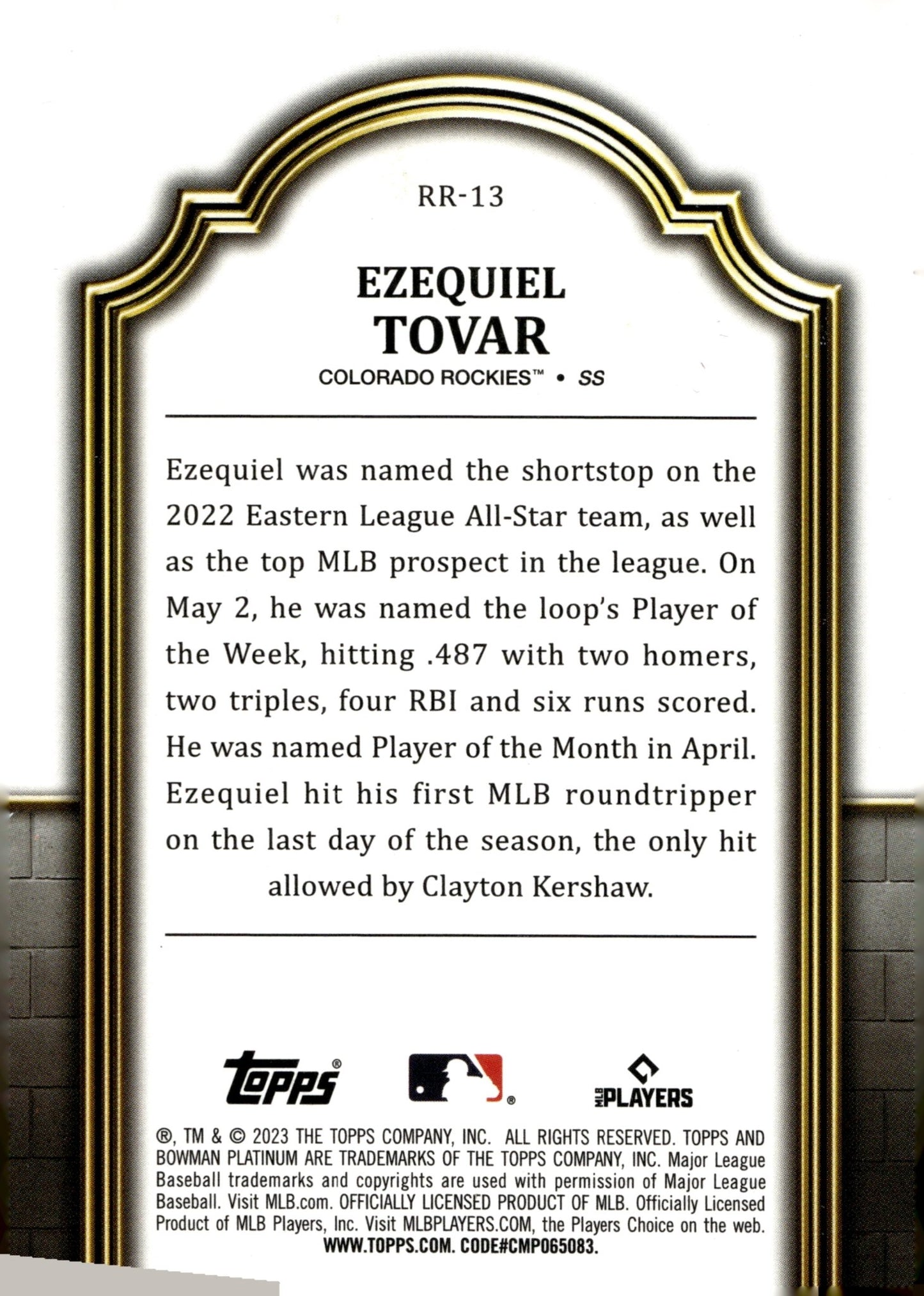 Ezequiel Tovar 2023 Bowman Platinum Renowned Rookies Purple RC 178/250 - Collector Store LLC
