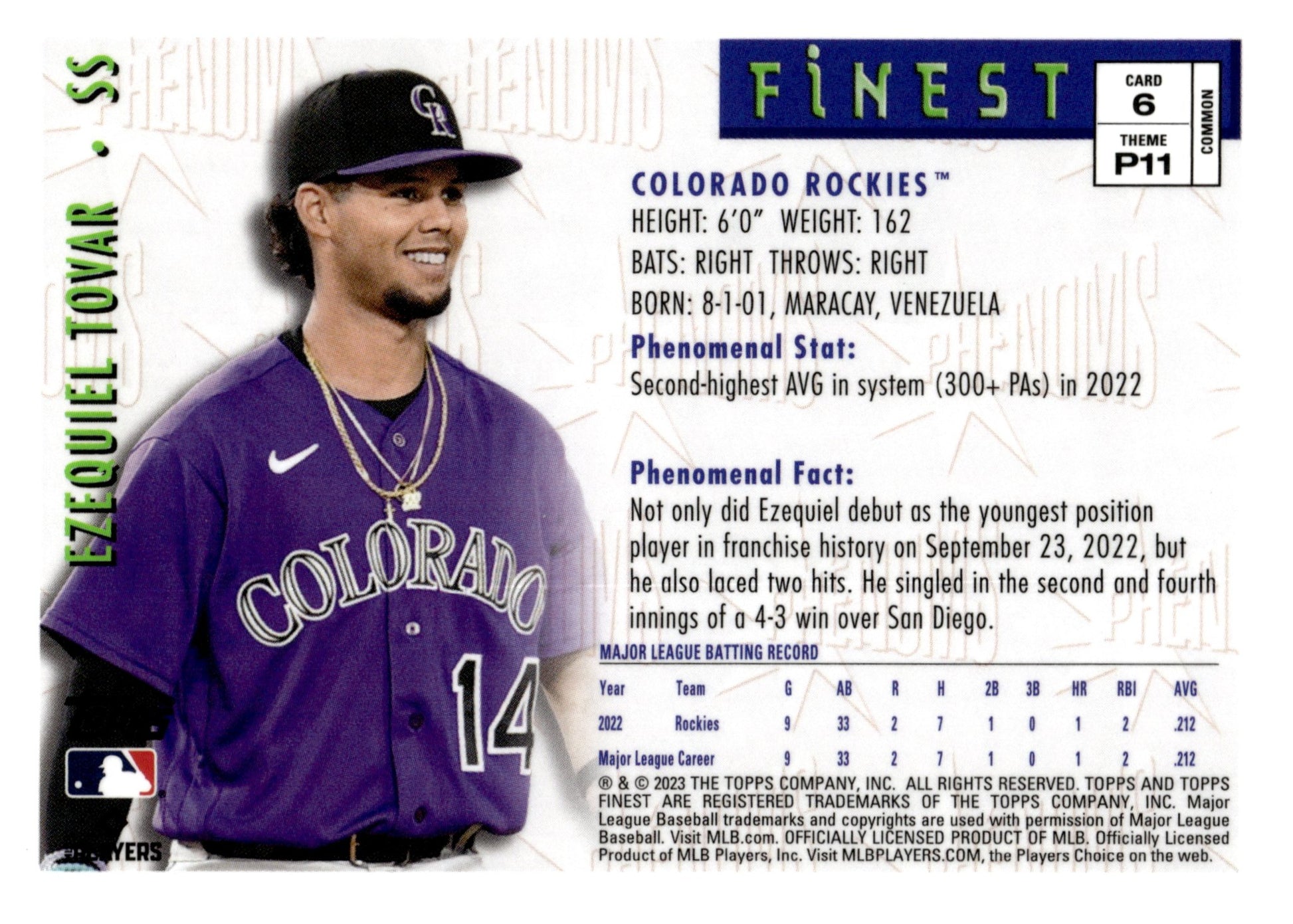 Ezequiel Tovar 2023 Topps Finest Phenoms RC #6 - Collector Store LLC