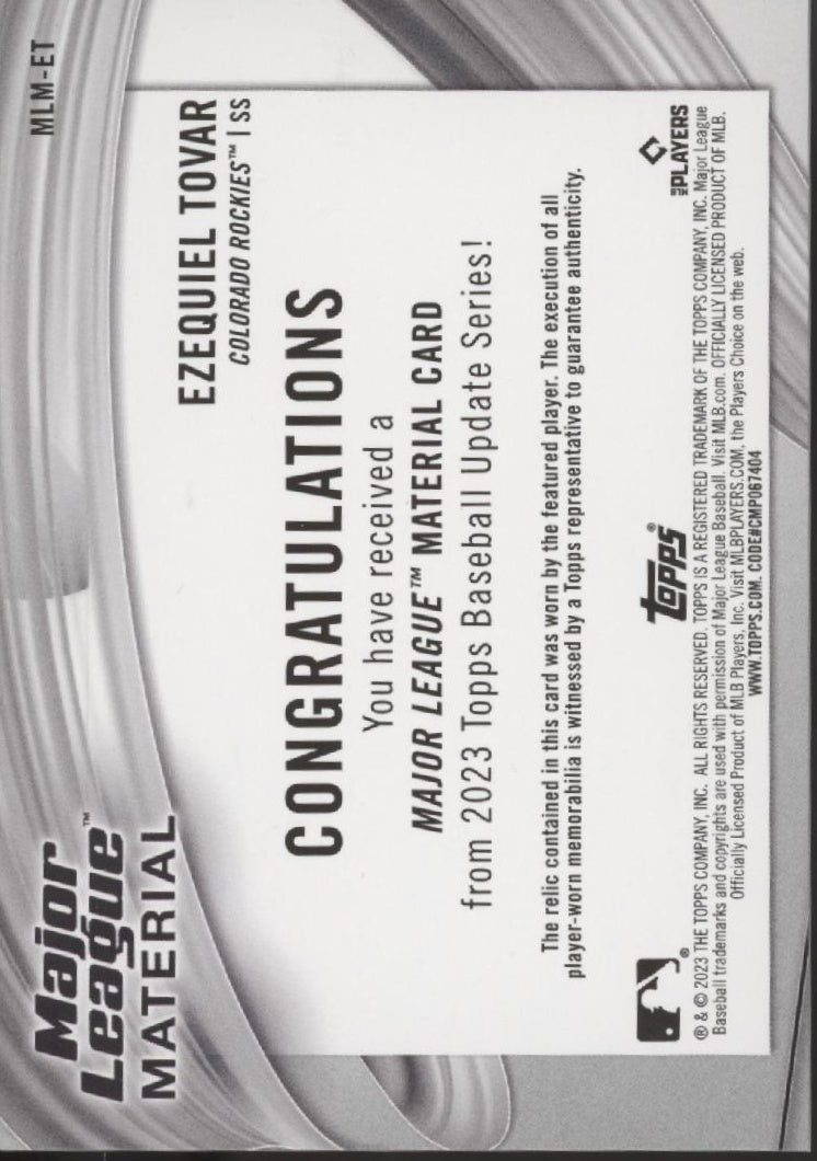 Ezequiel Tovar 2023 Topps Update Series Major League Material Swatch RC #MLM - ET - Collector Store LLC