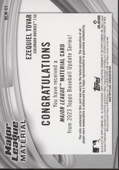 Ezequiel Tovar 2023 Topps Update Series Major League Material Swatch RC #MLM - ET - Collector Store LLC