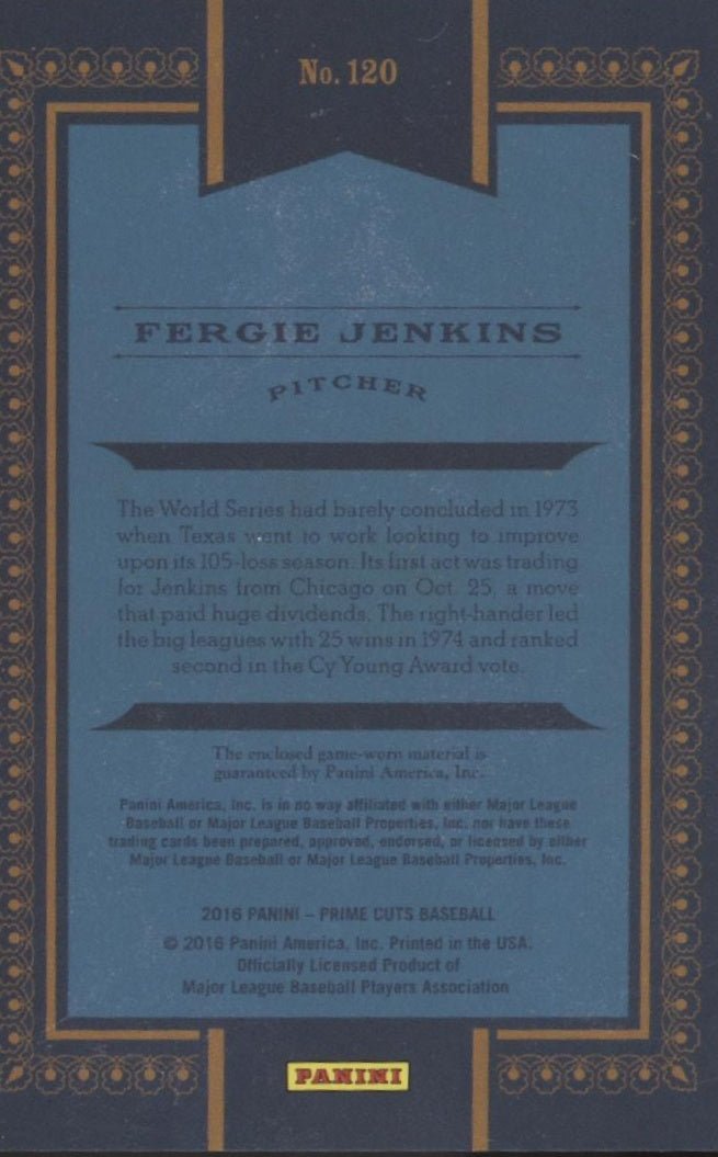 Fergie Jenkins 2016 Panini Prime Cuts Swatch 43/49 #120 - Collector Store LLC