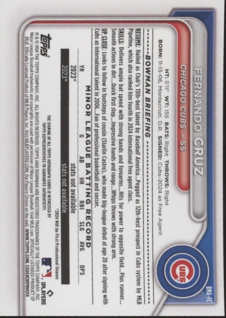 Fernando Cruz 2024 Bowman Chrome Purple Mojo Refractor Auto 025/199 #BMA - FC - Collector Store LLC