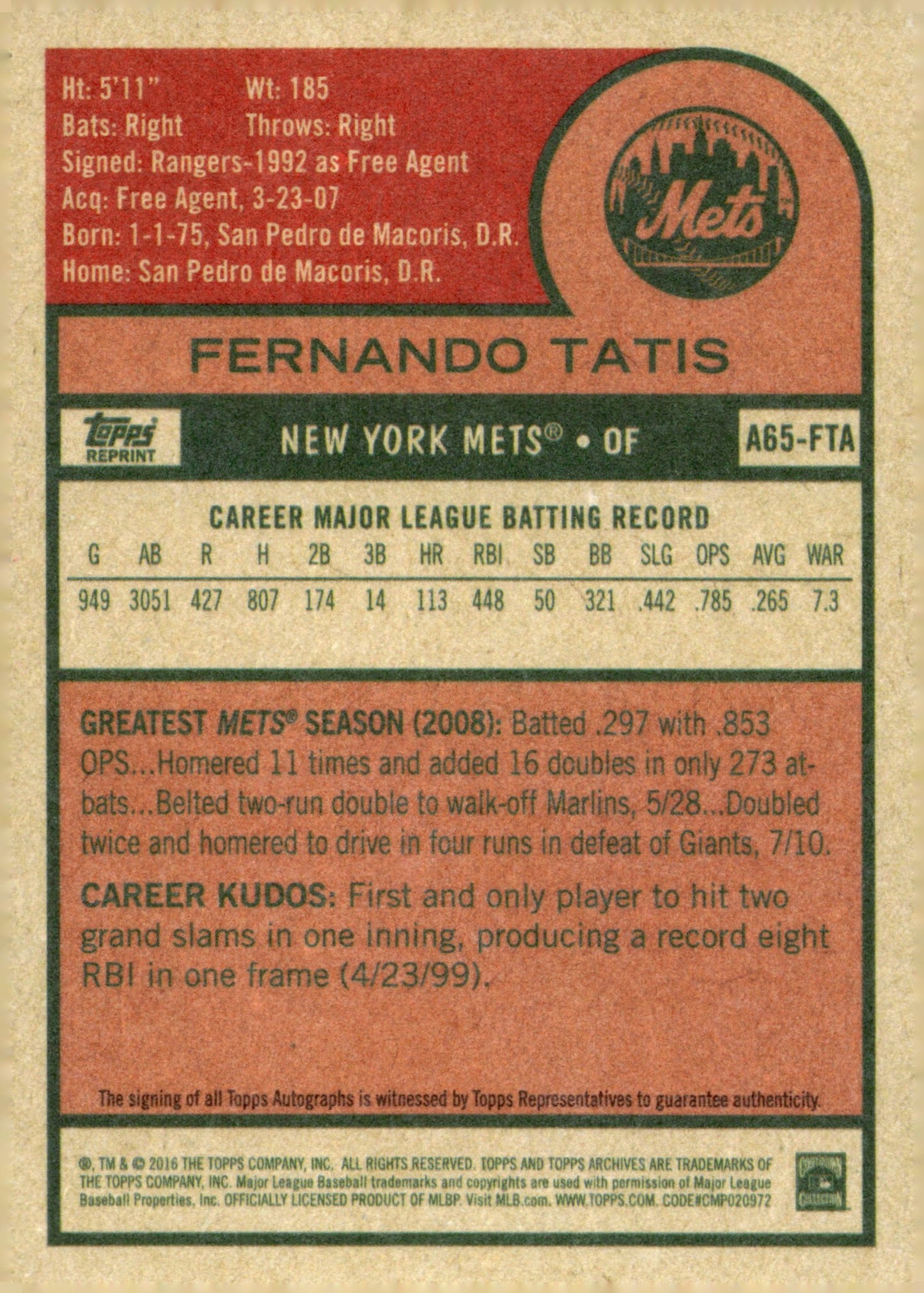 Fernando Tatis 2016 Topps Archives Reprint Auto #A65 - FTA - Collector Store LLC