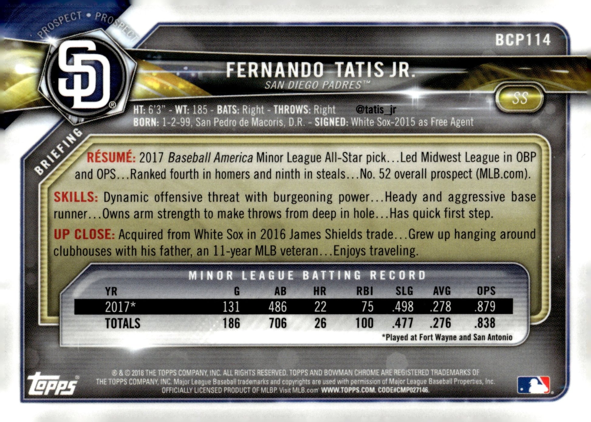 Fernando Tatis Jr. 2018 Bowman Chrome Prospect BCP114 - Collector Store LLC