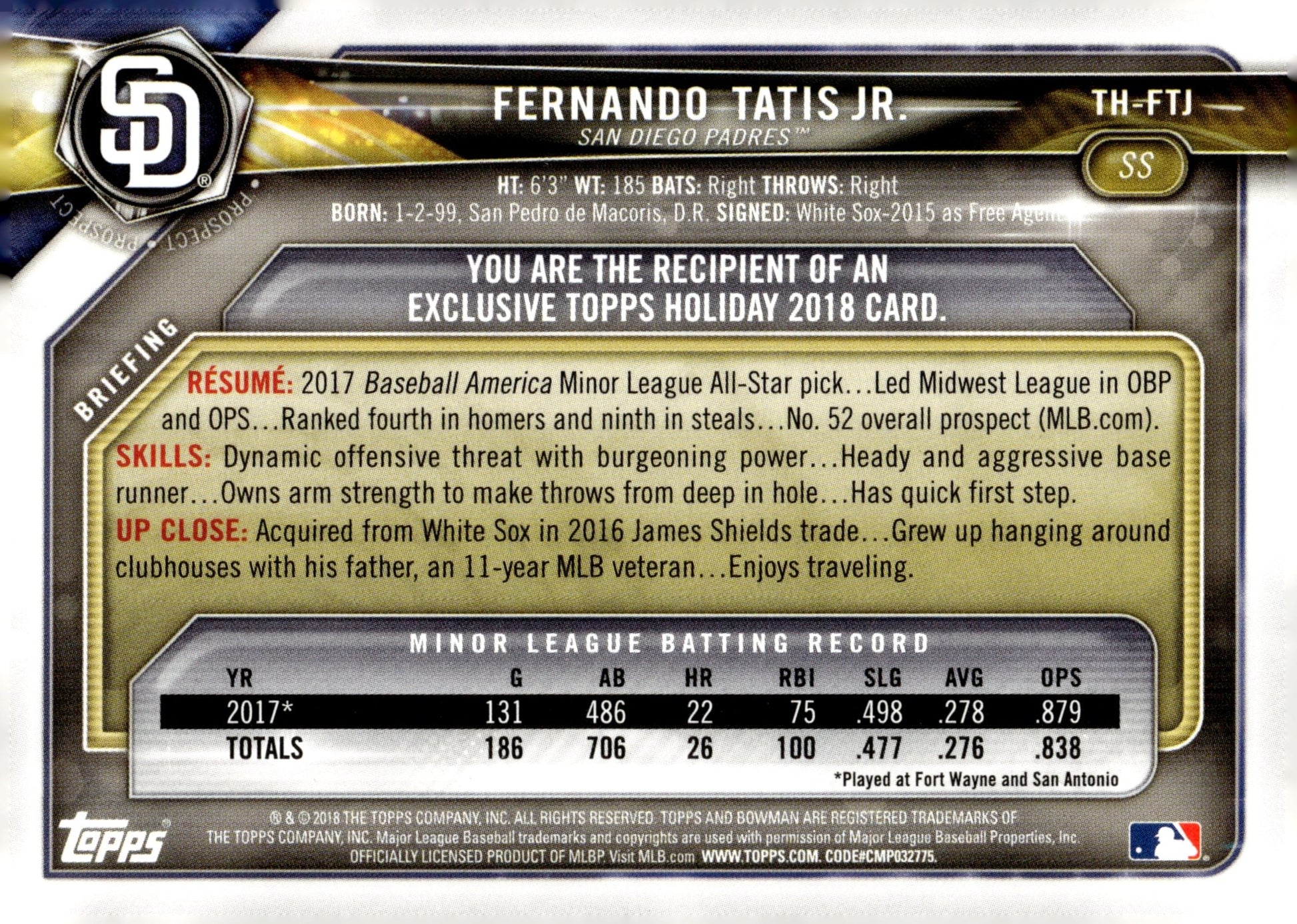 Fernando Tatis Jr. 2018 Bowman Holiday Prospect TH - FTJ - Collector Store LLC