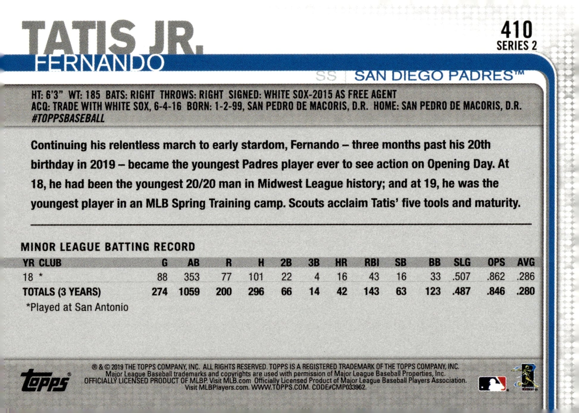 Fernando Tatis Jr. 2019 Topps Series 2 RC #410 #2 - Collector Store LLC