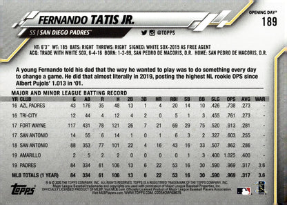 Fernando Tatis Jr. 2020 Topps Opening Day 189 - Collector Store LLC