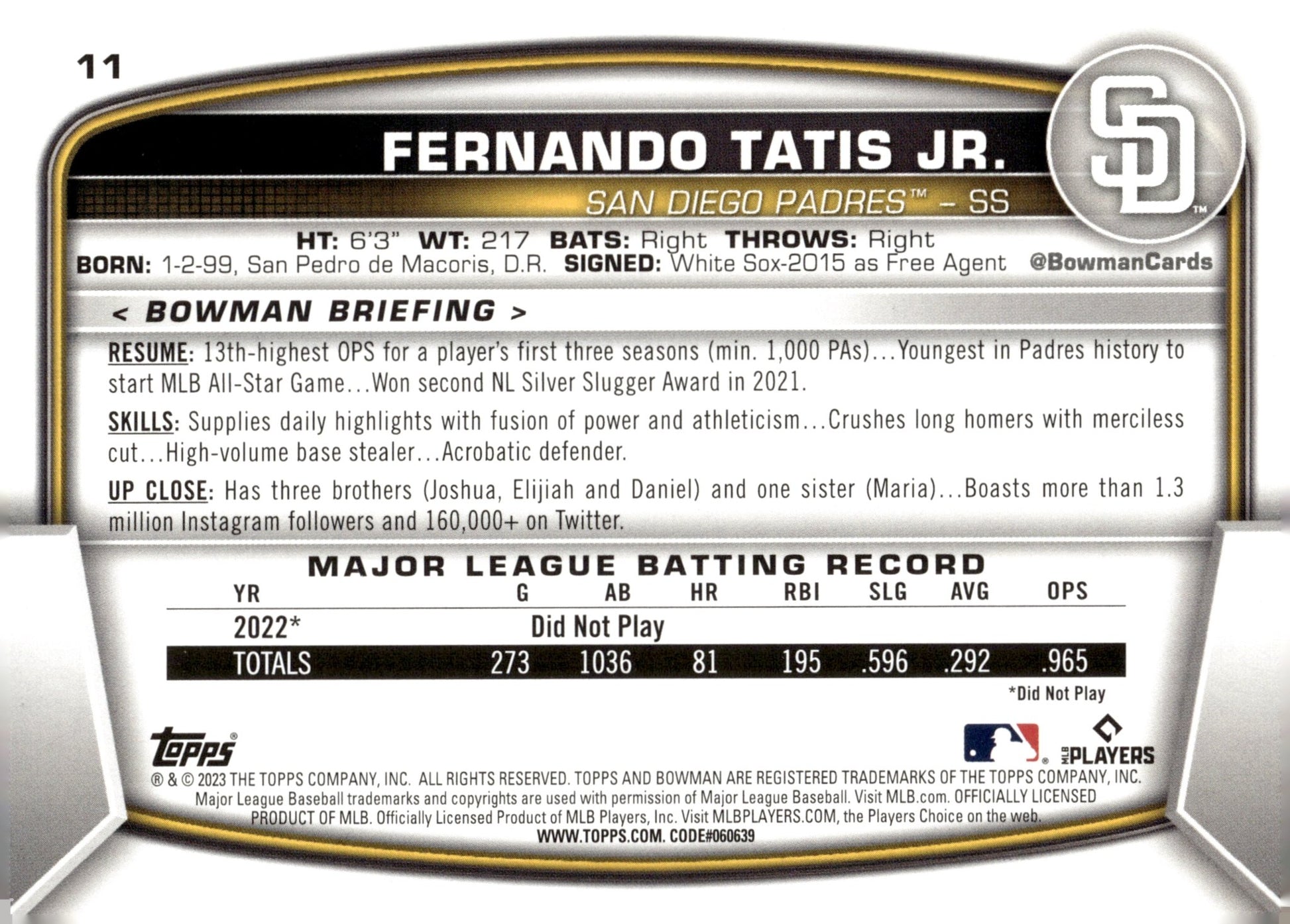Fernando Tatis Jr. 2023 Bowman 11 - Collector Store LLC