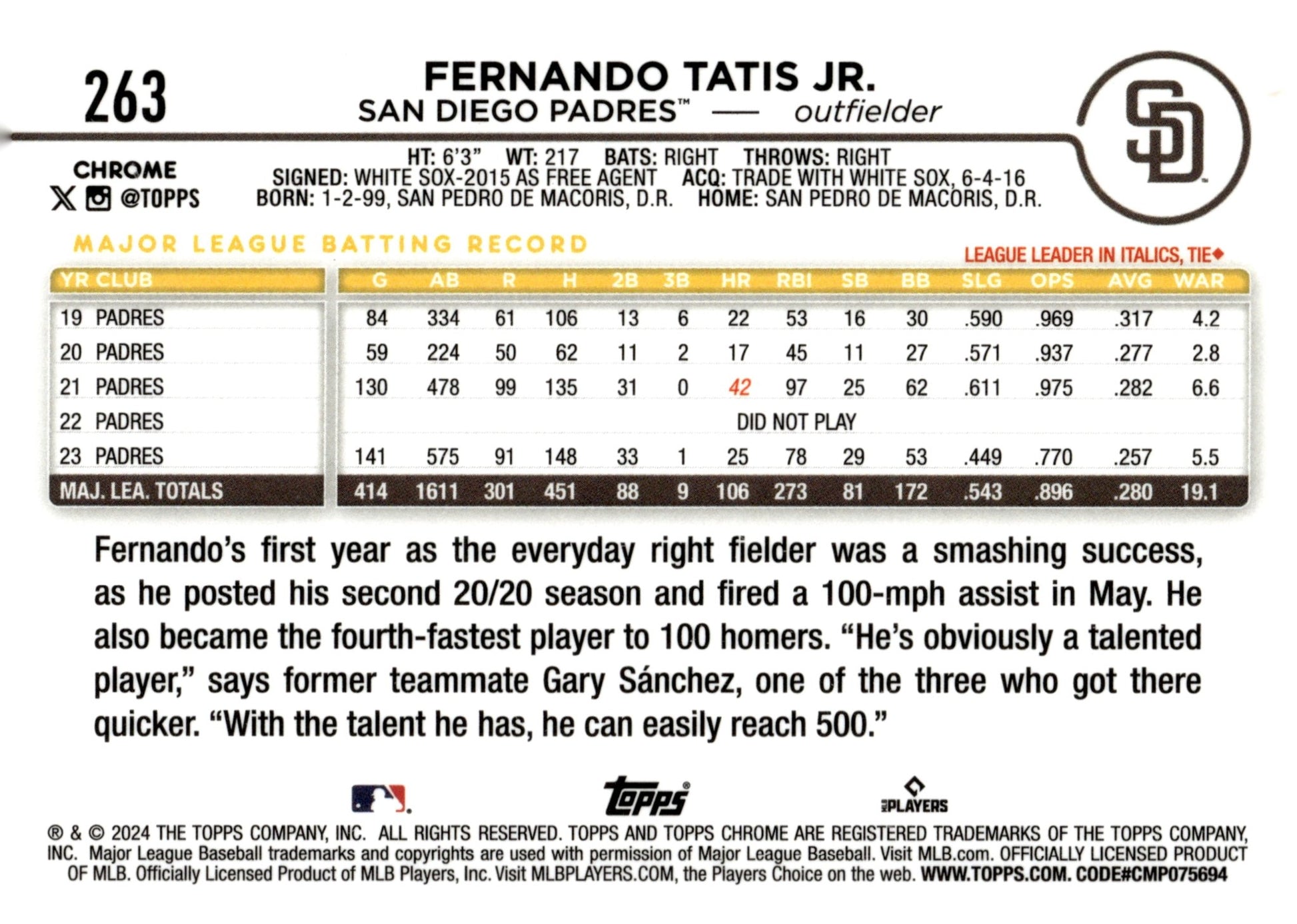 Fernando Tatis Jr. 2024 Topps Chrome Sepia Refractor 263 - Collector Store LLC