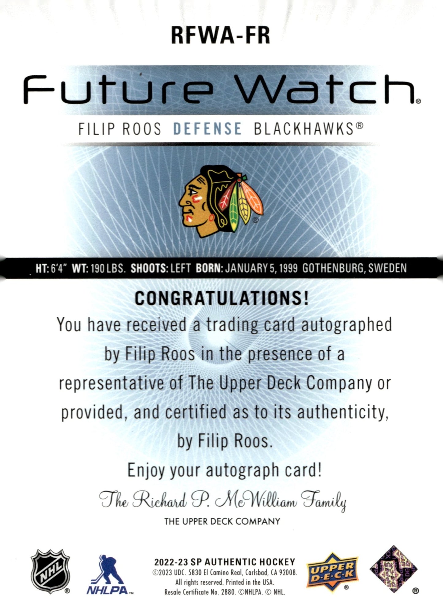 Filip Roos 2022 - 23 Upper Deck SP Authentic Future Watch Auto 599/699 #RFWA - FR - Collector Store LLC