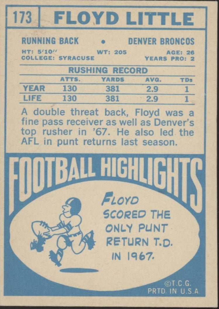 Floyd Little 1968 Topps RC #173 Denver Broncos VG - EX - Collector Store LLC