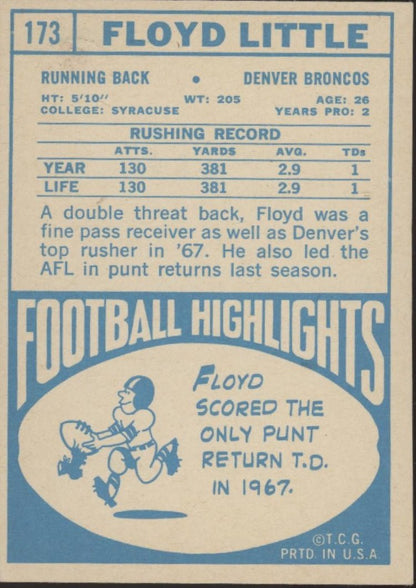 Floyd Little 1968 Topps RC #173 Denver Broncos VG - EX - Collector Store LLC