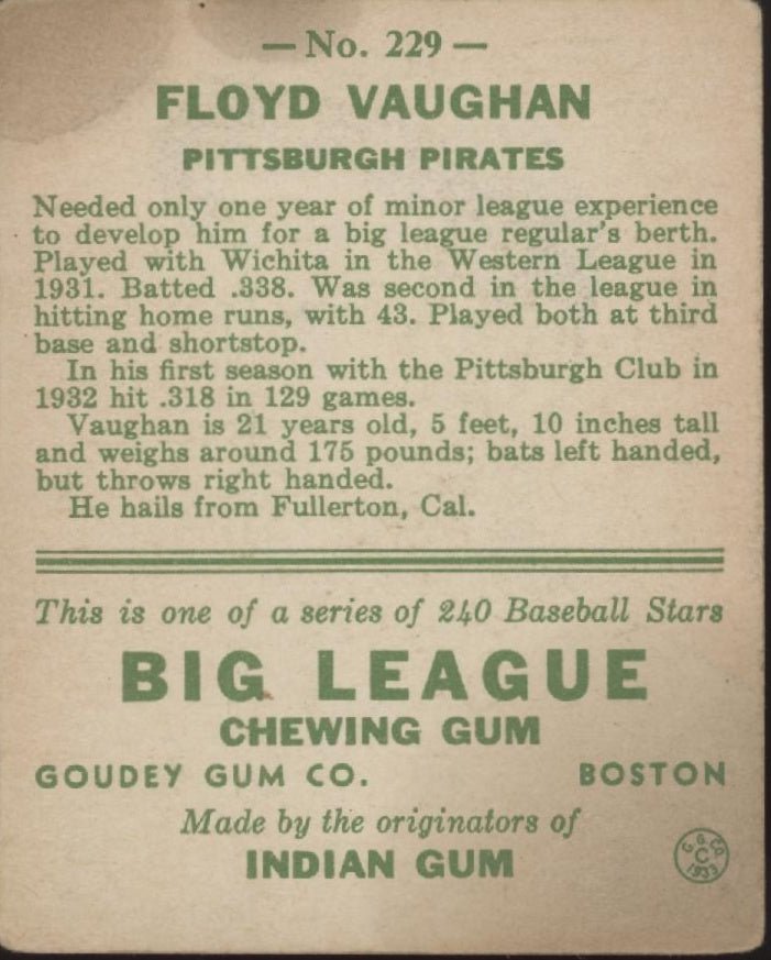 Floyd Vaughan 1933 Goudey RC #229 Pittsburgh Pirates GD - Collector Store LLC