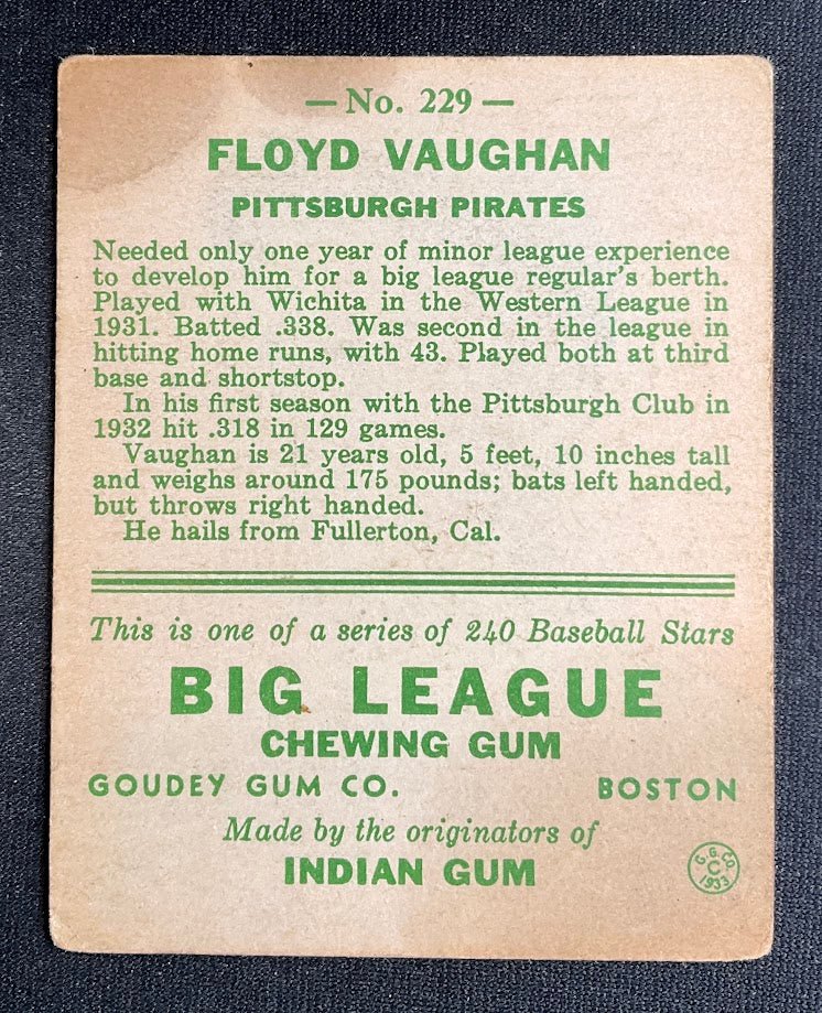 Floyd Vaughan 1933 Goudey RC #229 Pittsburgh Pirates GD - Collector Store LLC