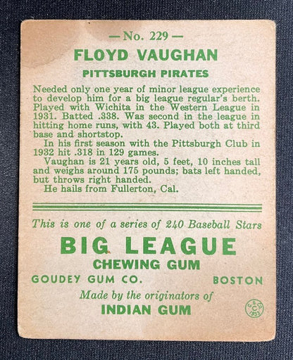 Floyd Vaughan 1933 Goudey RC #229 Pittsburgh Pirates GD - Collector Store LLC