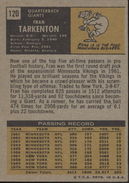 Fran Tarkenton 1971 Topps #120 New York Giants EX #2 - Collector Store LLC