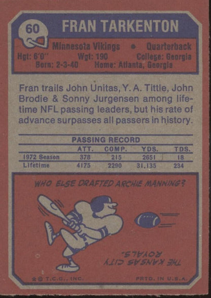 Fran Tarkenton 1973 Topps #60 Minnesota Vikings EX #2 - Collector Store LLC