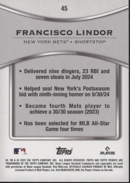 Francisco Lindor 2025 Topps Tribute 45 - Collector Store LLC