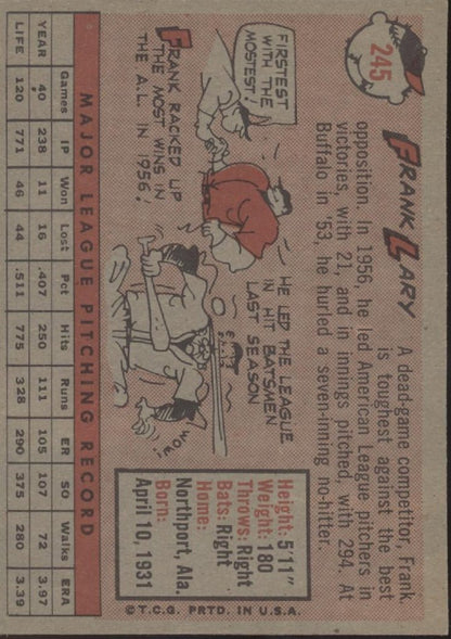 Frank Lary 1958 Topps #245 Detroit Tigers EX - Collector Store LLC