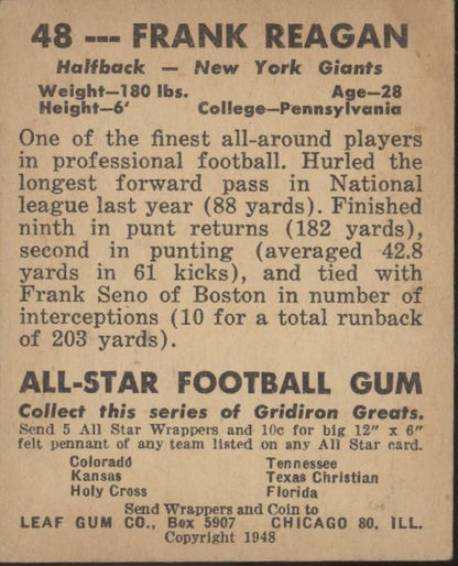 Frank Reagan 1948 Leaf RC #48 New York Giants VG - EX - Collector Store LLC